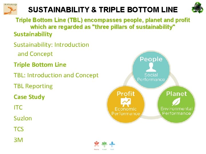 SUSTAINABILITY & TRIPLE BOTTOM LINE Triple Bottom Line (TBL) encompasses people, planet and profit
