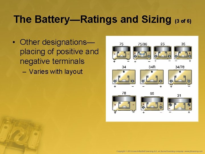 The Battery—Ratings and Sizing (3 of 6) • Other designations— placing of positive and