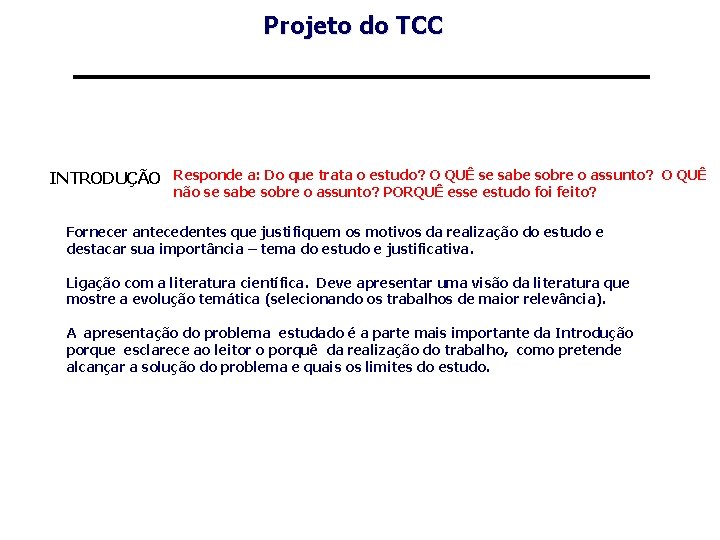 Projeto do TCC INTRODUÇÃO Responde a: Do que trata o estudo? O QUÊ se