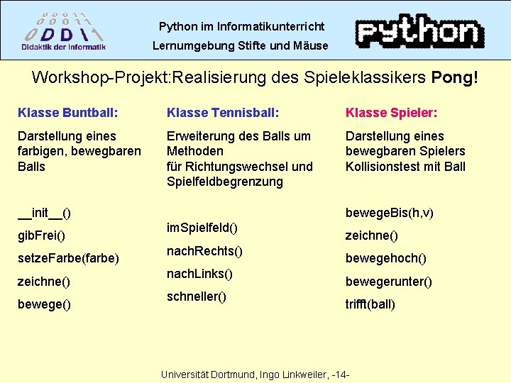 Python im Informatikunterricht Lernumgebung Stifte und Mäuse Workshop-Projekt: Realisierung des Spieleklassikers Pong! Klasse Buntball: