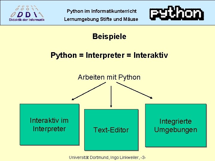Python im Informatikunterricht Lernumgebung Stifte und Mäuse Beispiele Python = Interpreter = Interaktiv Arbeiten