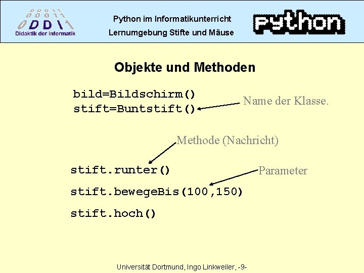 Python im Informatikunterricht Lernumgebung Stifte und Mäuse Objekte und Methoden bild=Bildschirm() stift=Buntstift() Name der