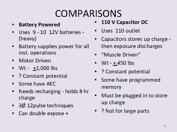 COMPARISONS • Battery Powered • Uses 9 - 10 12 V batteries (heavy) •