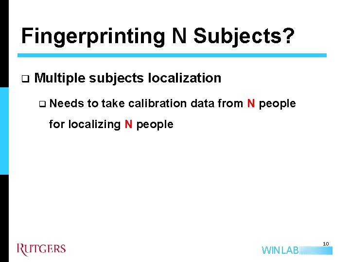 Fingerprinting N Subjects? q Multiple subjects localization q Needs to take calibration data from