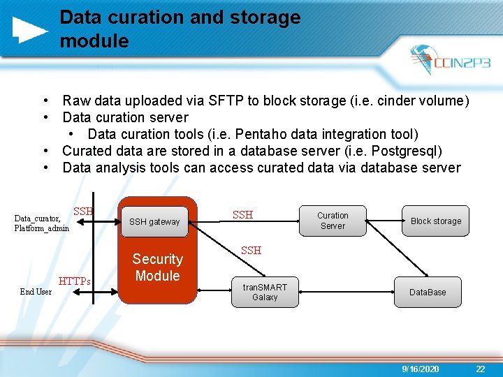 Data curation and storage module • Raw data uploaded via SFTP to block storage