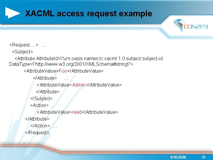 XACML access request example <Request …> … <Subject> <Attribute. Id="urn: oasis: names: tc: xacml: