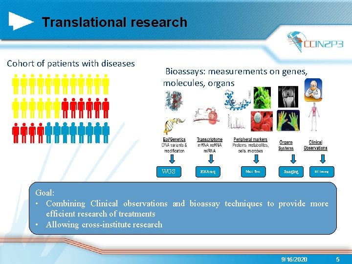 Translational research Cohort of patients with diseases Bioassays: measurements on genes, molecules, organs WGS