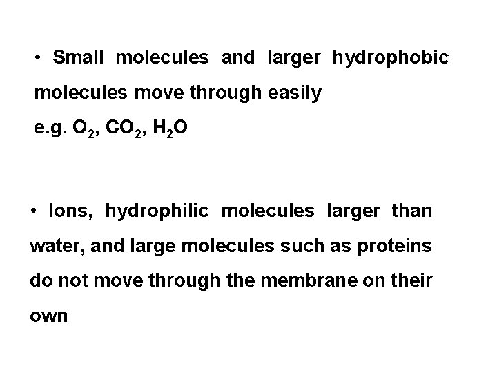  • Small molecules and larger hydrophobic molecules move through easily e. g. O