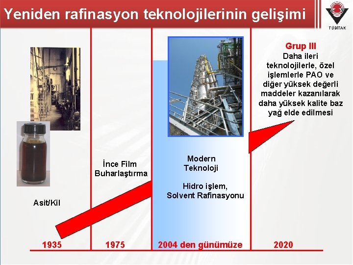 Yeniden rafinasyon teknolojilerinin gelişimi TÜBİTAK Grup III Daha ileri teknolojilerle, özel işlemlerle PAO ve