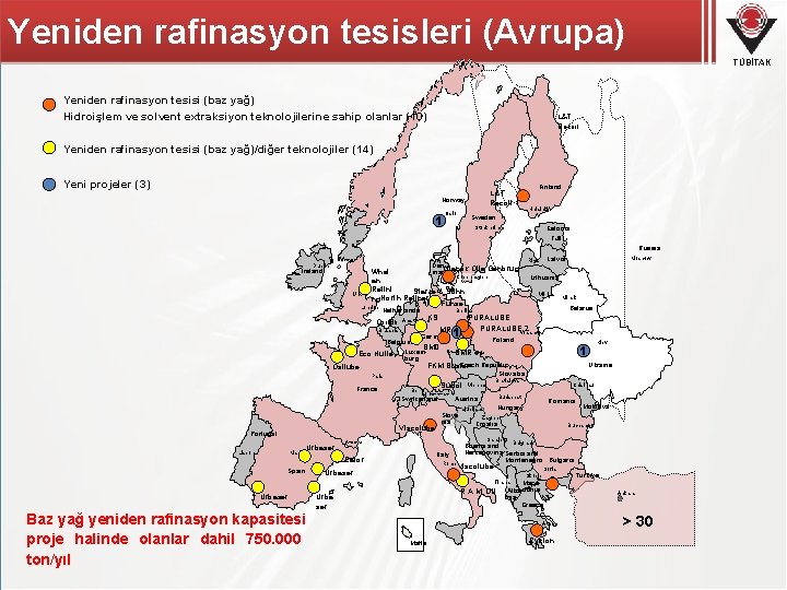 Yeniden rafinasyon tesisleri (Avrupa) TÜBİTAK Yeniden rafinasyon tesisi (baz yağ) Hidroişlem ve solvent extraksiyon