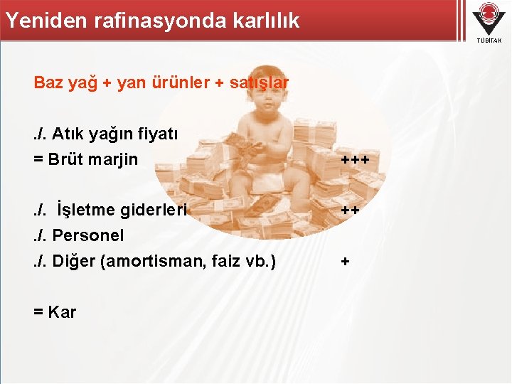 Yeniden rafinasyonda karlılık TÜBİTAK Baz yağ + yan ürünler + satışlar. /. Atık yağın