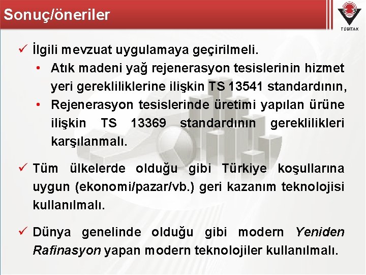 Sonuç/öneriler TÜBİTAK ü İlgili mevzuat uygulamaya geçirilmeli. • Atık madeni yağ rejenerasyon tesislerinin hizmet