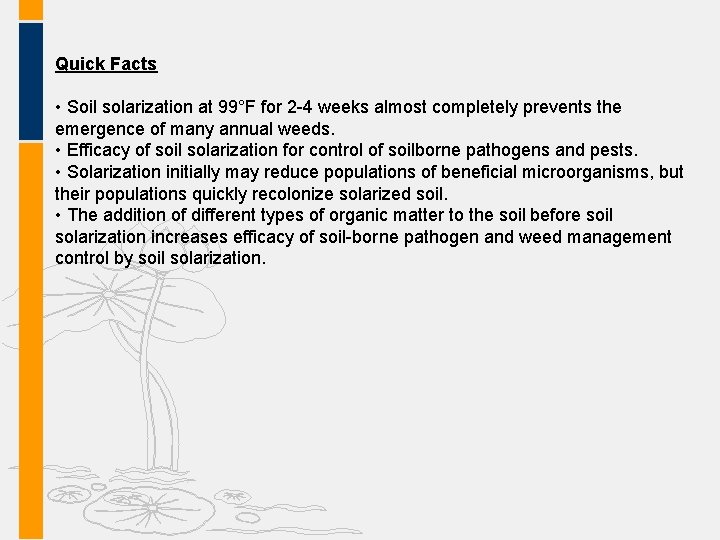 Quick Facts • Soil solarization at 99°F for 2 -4 weeks almost completely prevents