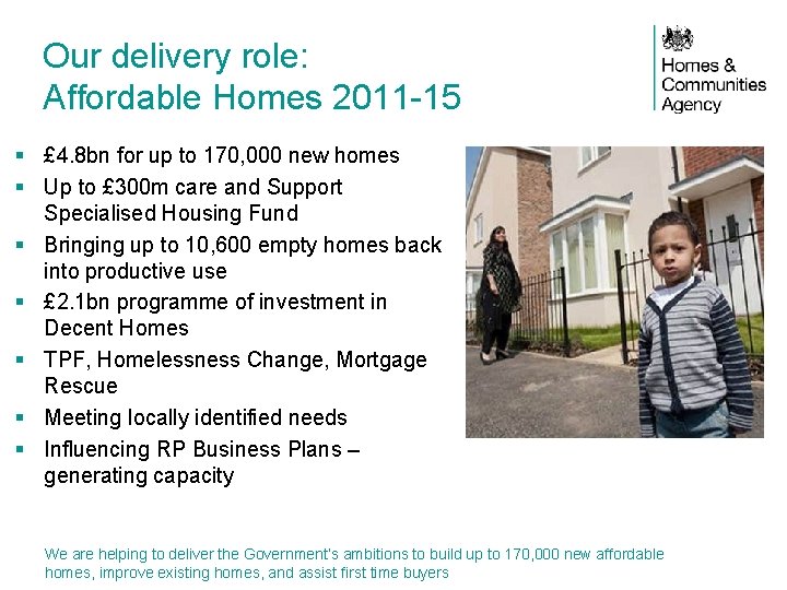 Our delivery role: Affordable Homes 2011 -15 § £ 4. 8 bn for up
