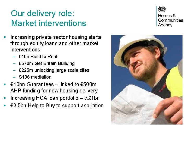 Our delivery role: Market interventions § Increasing private sector housing starts through equity loans