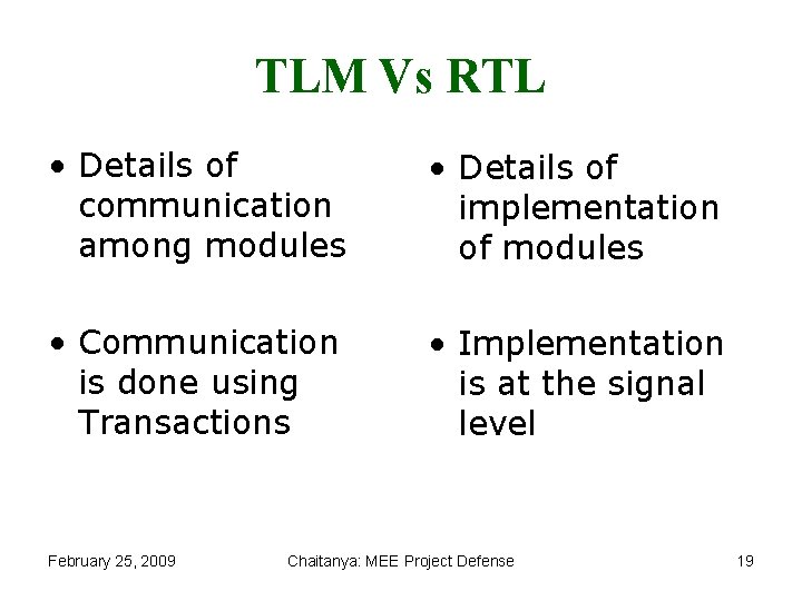 TLM Vs RTL • Details of communication among modules • Details of implementation of