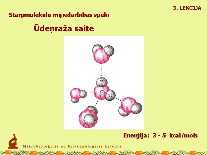 3. LEKCIJA Starpmolekulu mijiedarbības spēki Ūdeņraža saite Enerģija: 3 - 5 kcal/mols 
