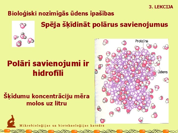 3. LEKCIJA Bioloģiski nozīmīgās ūdens īpašības Spēja šķīdināt polārus savienojumus Polāri savienojumi ir hidrofīli