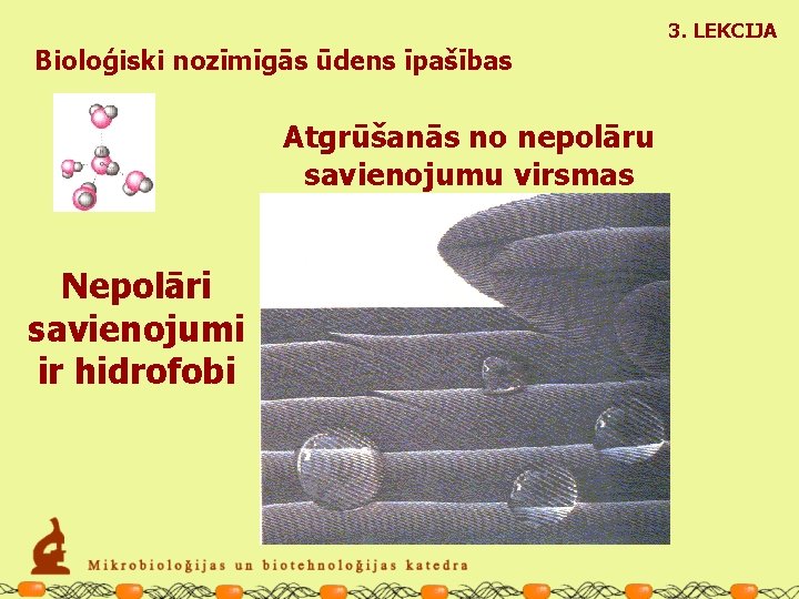 3. LEKCIJA Bioloģiski nozīmīgās ūdens īpašības Atgrūšanās no nepolāru savienojumu virsmas Nepolāri savienojumi ir