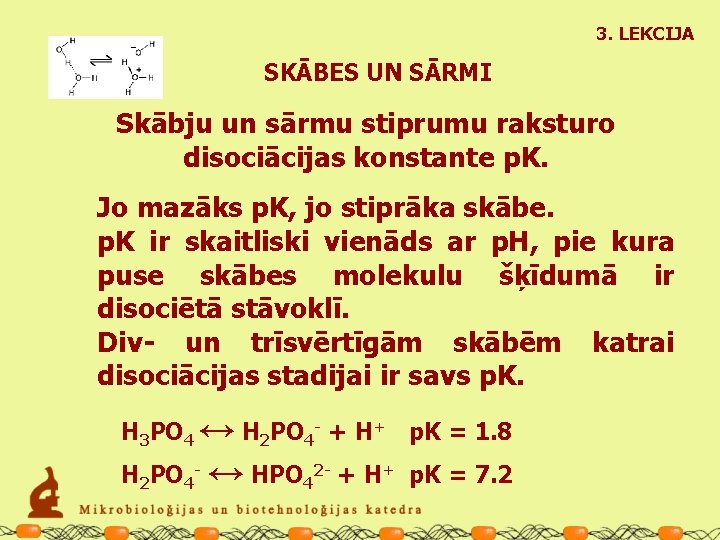 3. LEKCIJA SKĀBES UN SĀRMI Skābju un sārmu stiprumu raksturo disociācijas konstante p. K.