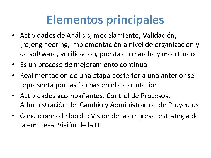 Elementos principales • Actividades de Análisis, modelamiento, Validación, (re)engineering, implementación a nivel de organización