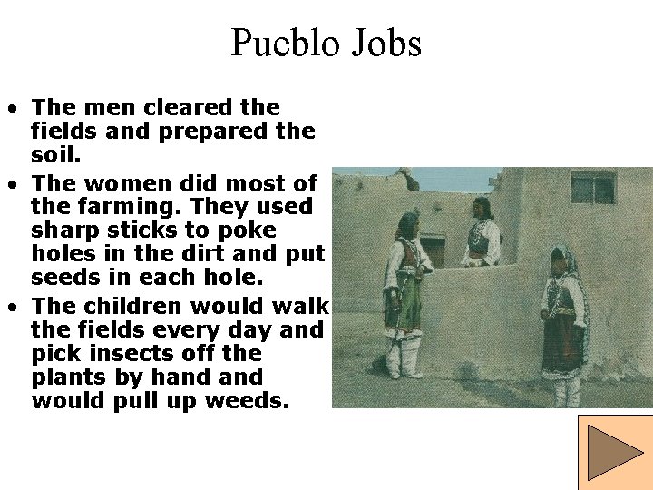 Pueblo Jobs • The men cleared the fields and prepared the soil. • The