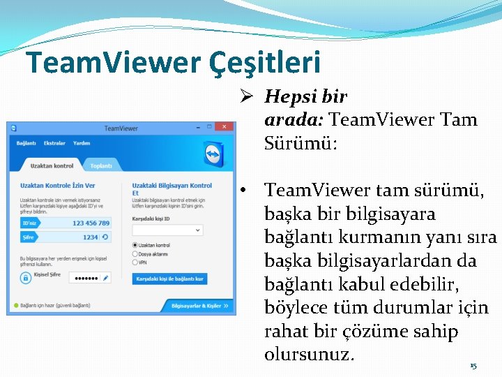 Team. Viewer Çeşitleri Ø Hepsi bir arada: Team. Viewer Tam Sürümü: • Team. Viewer