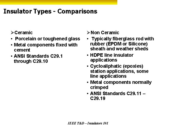 Insulator Types - Comparisons ØCeramic • Porcelain or toughened glass • Metal components fixed