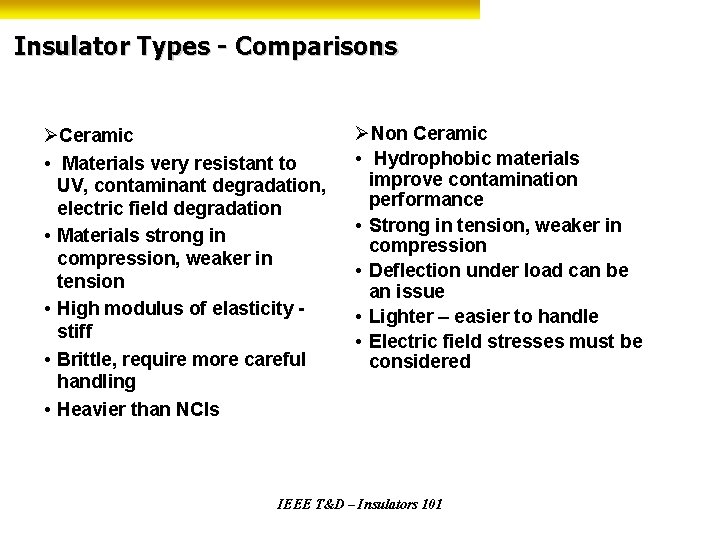 Insulator Types - Comparisons ØCeramic • Materials very resistant to UV, contaminant degradation, electric