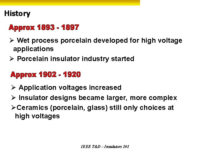 History Ø Wet process porcelain developed for high voltage applications Ø Porcelain insulator industry