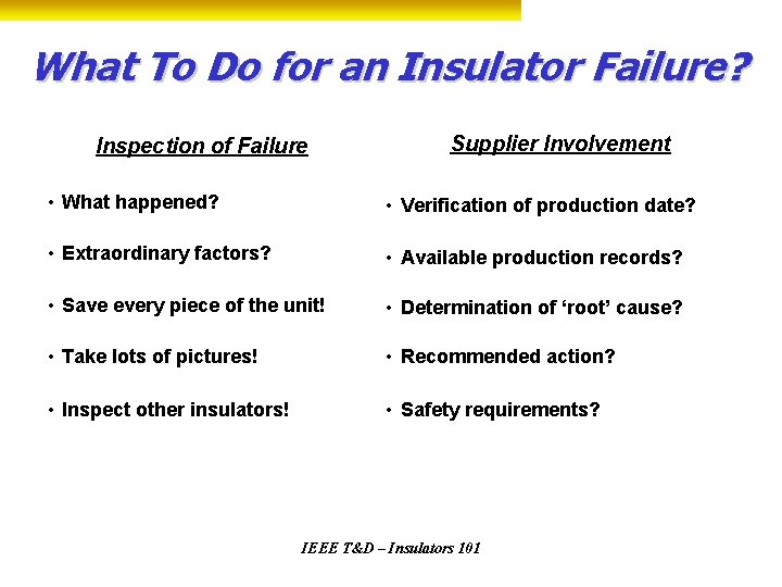 What To Do for an Insulator Failure? Inspection of Failure Supplier Involvement • What