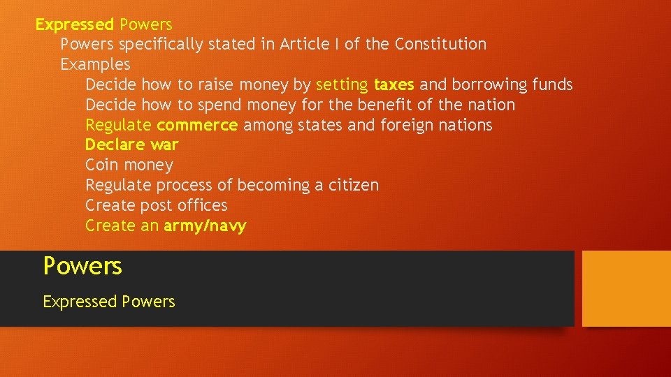 Expressed Powers specifically stated in Article I of the Constitution Examples Decide how to