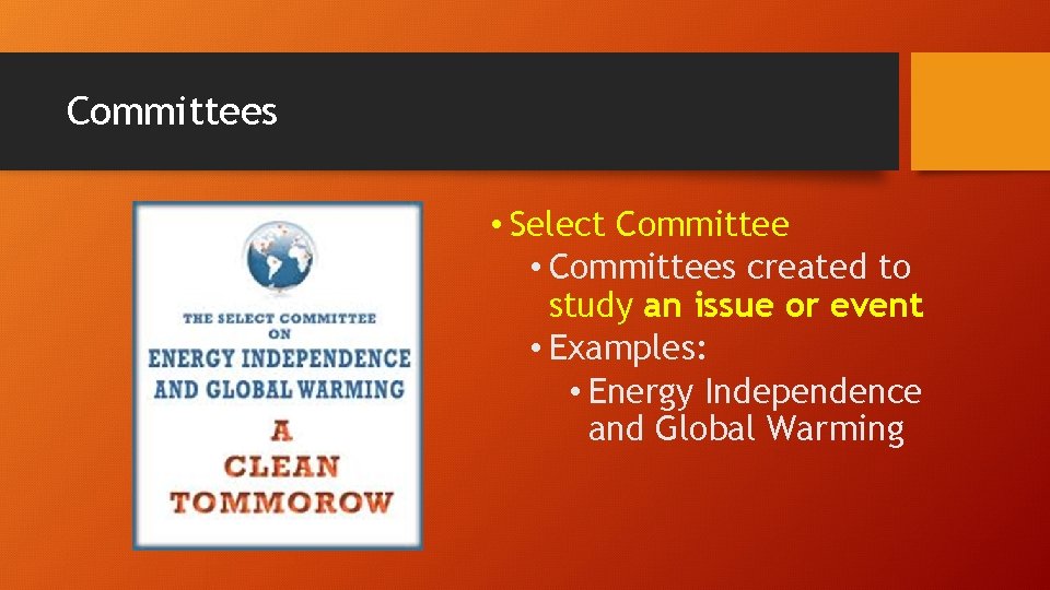 Committees • Select Committee • Committees created to study an issue or event •