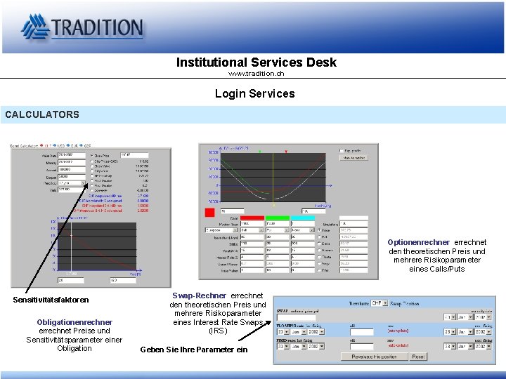 Institutional Services Desk www. tradition. ch Login Services CALCULATORS Optionenrechner errechnet den theoretischen Preis