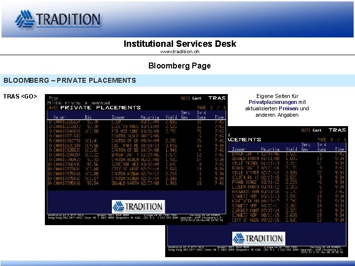 Institutional Services Desk www. tradition. ch Bloomberg Page BLOOMBERG – PRIVATE PLACEMENTS TRAS <GO>
