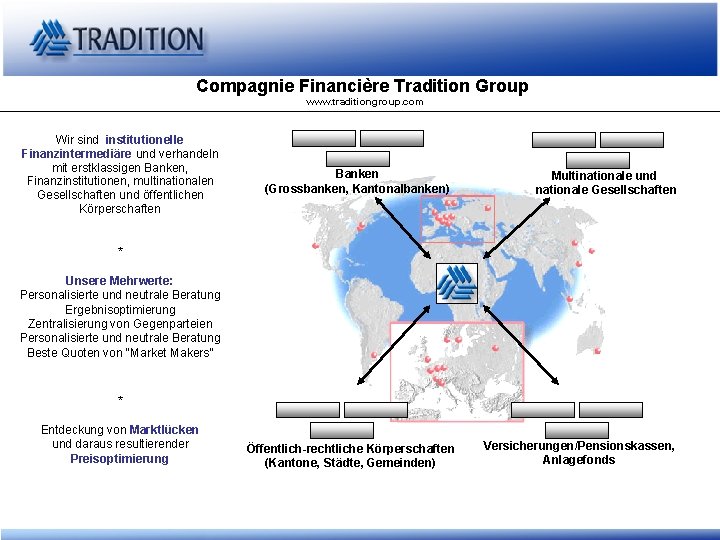 Compagnie Financière Tradition Group www. traditiongroup. com Wir sind institutionelle Finanzintermediäre und verhandeln mit