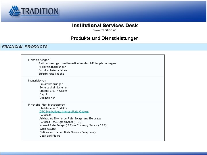 Institutional Services Desk www. tradition. ch Produkte und Dienstleistungen FINANCIAL PRODUCTS Finanzierungen Refinanzierungen und