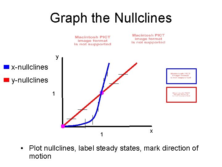 Graph the Nullclines y x-nullclines y-nullclines 1 1 x • Plot nullclines, label steady