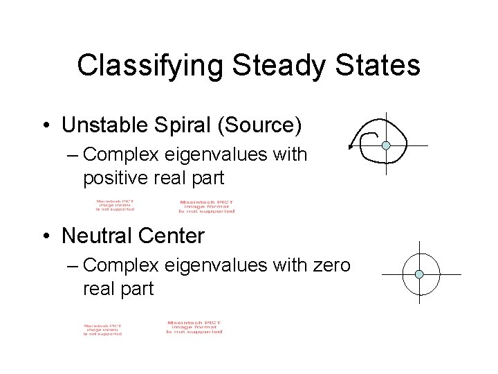 Classifying Steady States • Unstable Spiral (Source) – Complex eigenvalues with positive real part