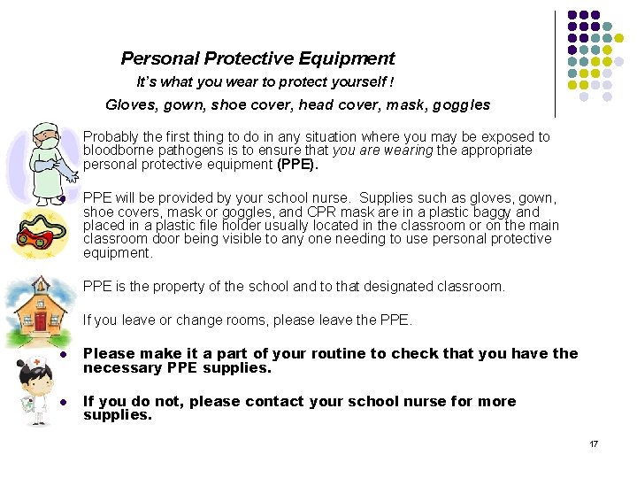 Personal Protective Equipment It’s what you wear to protect yourself ! Gloves, gown, shoe