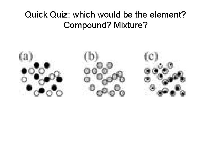 Quick Quiz: which would be the element? Compound? Mixture? 