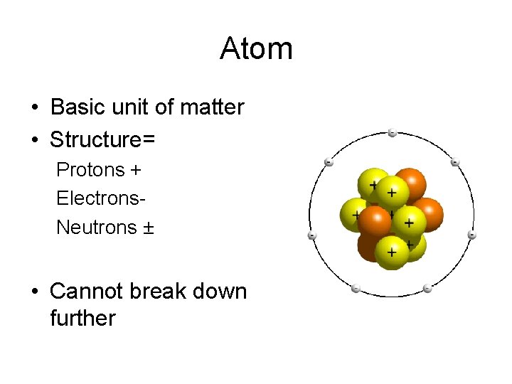 Atom • Basic unit of matter • Structure= Protons + Electrons. Neutrons ± •