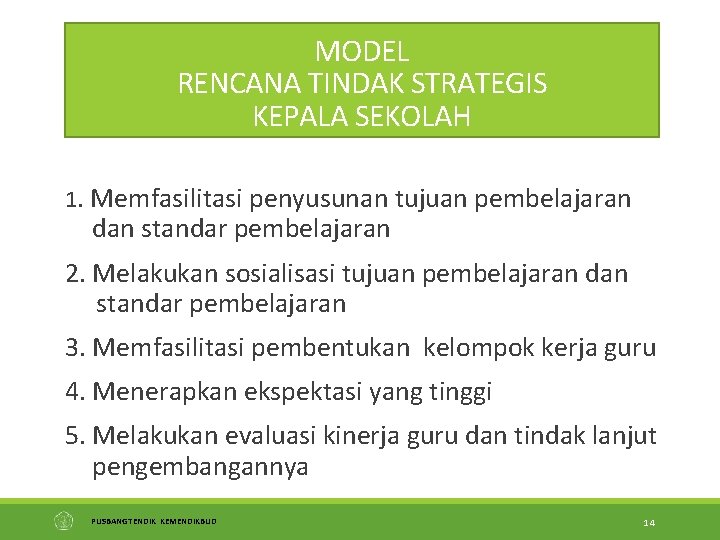 MODEL RENCANA TINDAK STRATEGIS KEPALA SEKOLAH 1. Memfasilitasi penyusunan tujuan pembelajaran dan standar pembelajaran