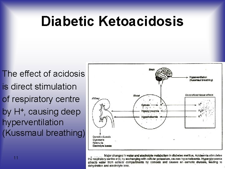 Diabetic Ketoacidosis The effect of acidosis is direct stimulation of respiratory centre by H+,