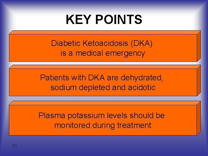 KEY POINTS Diabetic Ketoacidosis (DKA) is a medical emergency Patients with DKA are dehydrated,
