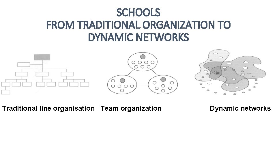 SCHOOLS FROM TRADITIONAL ORGANIZATION TO DYNAMIC NETWORKS Traditional line organisation Team organization Dynamic networks