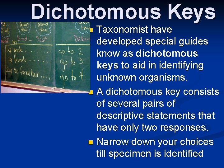 Dichotomous Keys Taxonomist have developed special guides know as dichotomous keys to aid in