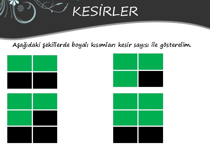 KESİRLER Aşağıdaki şekillerde boyalı kısımları kesir sayısı ile gösterelim. 