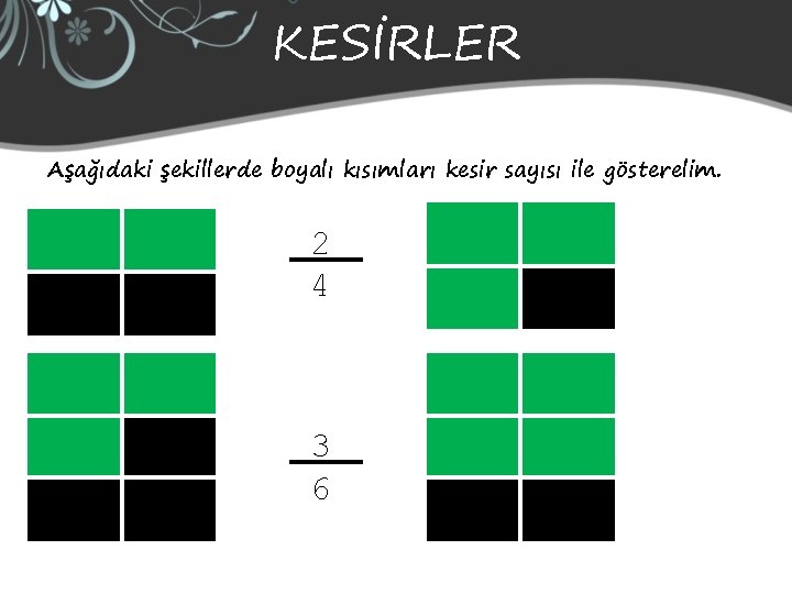 KESİRLER Aşağıdaki şekillerde boyalı kısımları kesir sayısı ile gösterelim. 2 4 3 6 