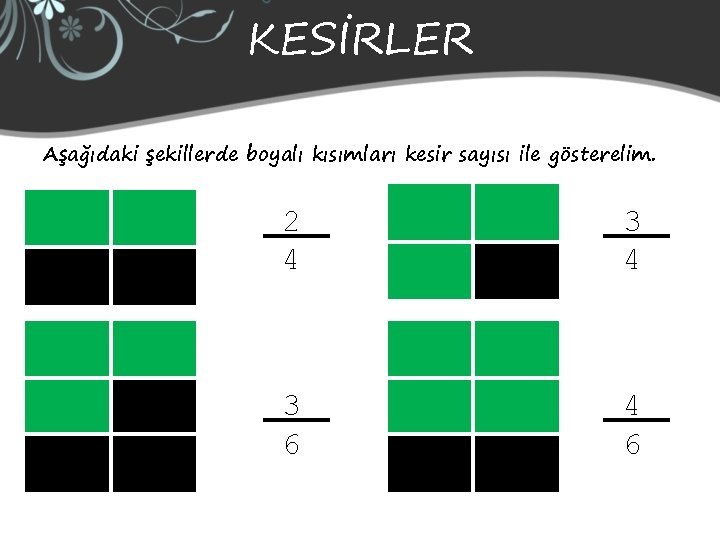 KESİRLER Aşağıdaki şekillerde boyalı kısımları kesir sayısı ile gösterelim. 2 4 3 6 4